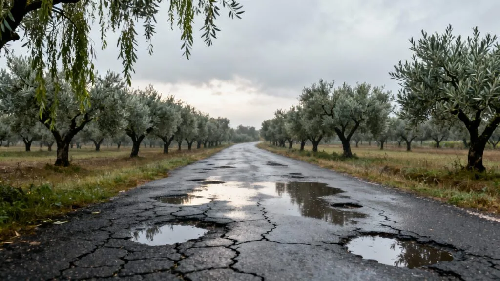 Route de campagne humide et isolée, prudence requise