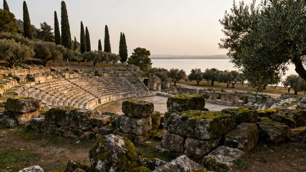 Ruines antiques près d’un lagon boisé