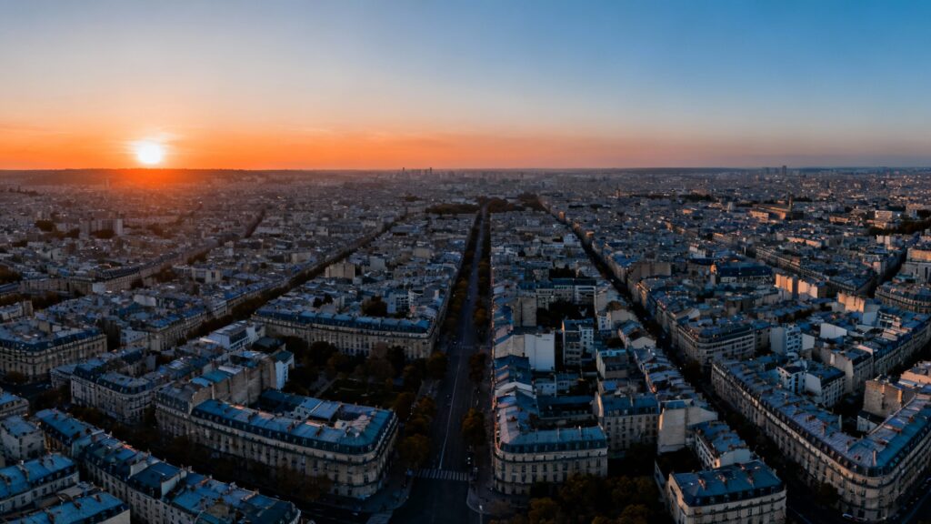 Panorama urbain en hauteur pendant la golden hour