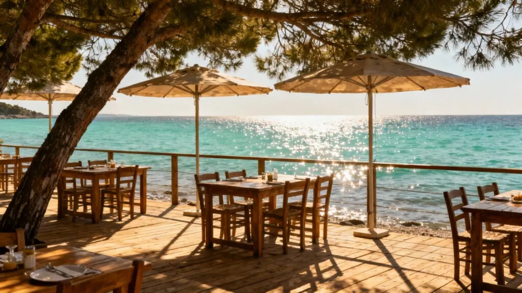 Terrasse ombragée face à la mer près de la plage, ambiance déjeuner