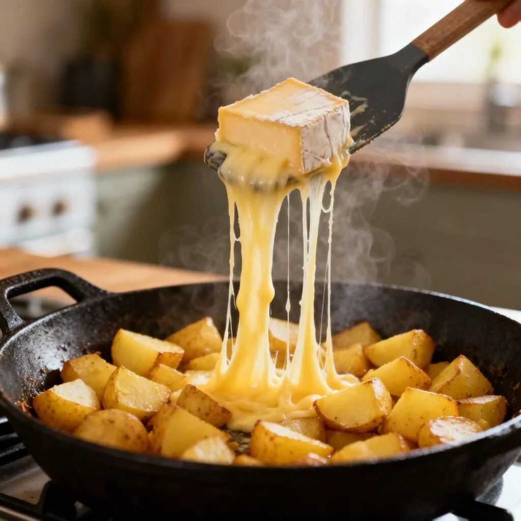 Fromage filant sur pommes de terre dorées dans poêle en fonte