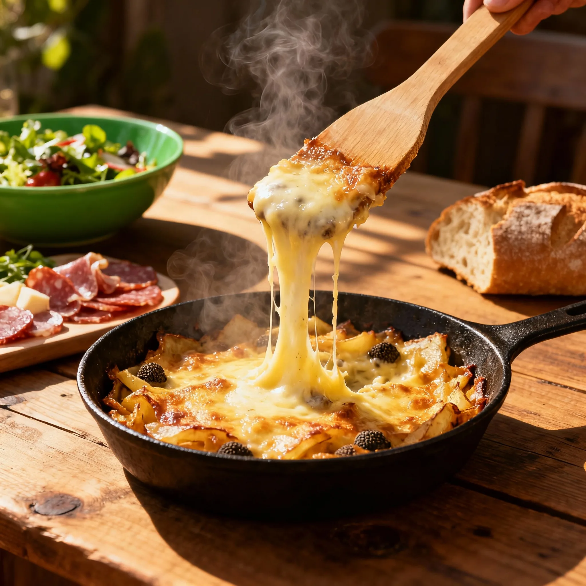 Truffade dorée filante dans poêle en fonte, salade et charcuterie