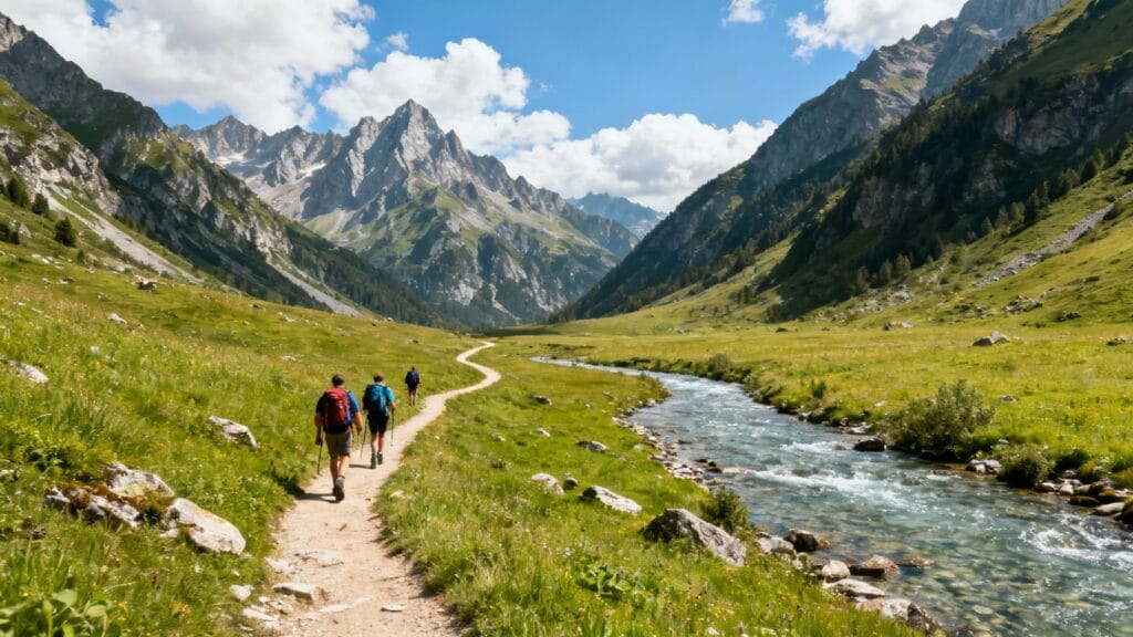 Vallée alpine et sentier de randonnée