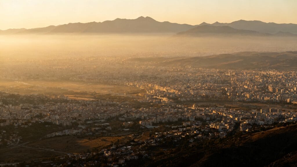Vallée urbaine étendue avec montagnes en arrière-plan