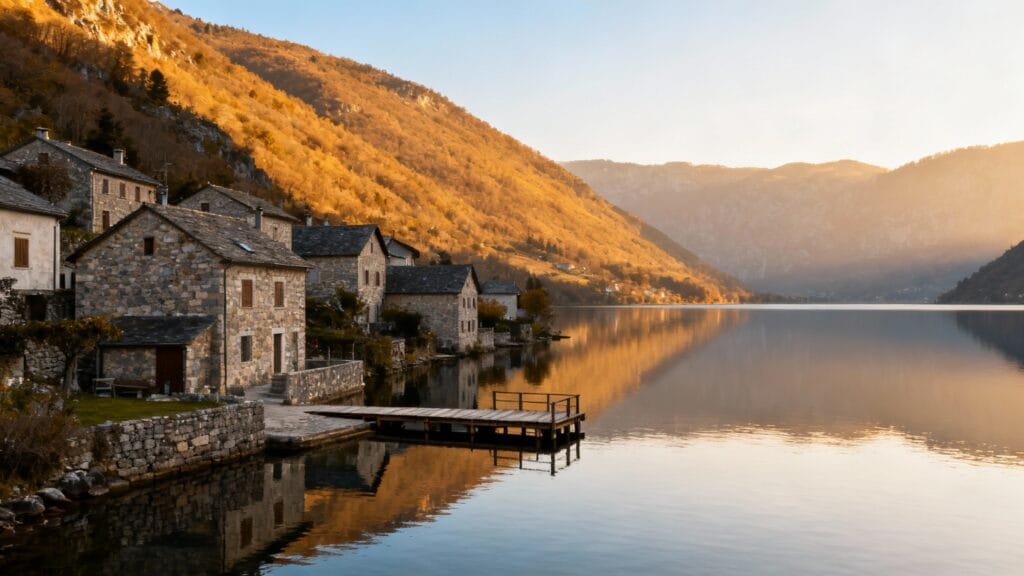 Village lacustre et ponton au bord d’un lac