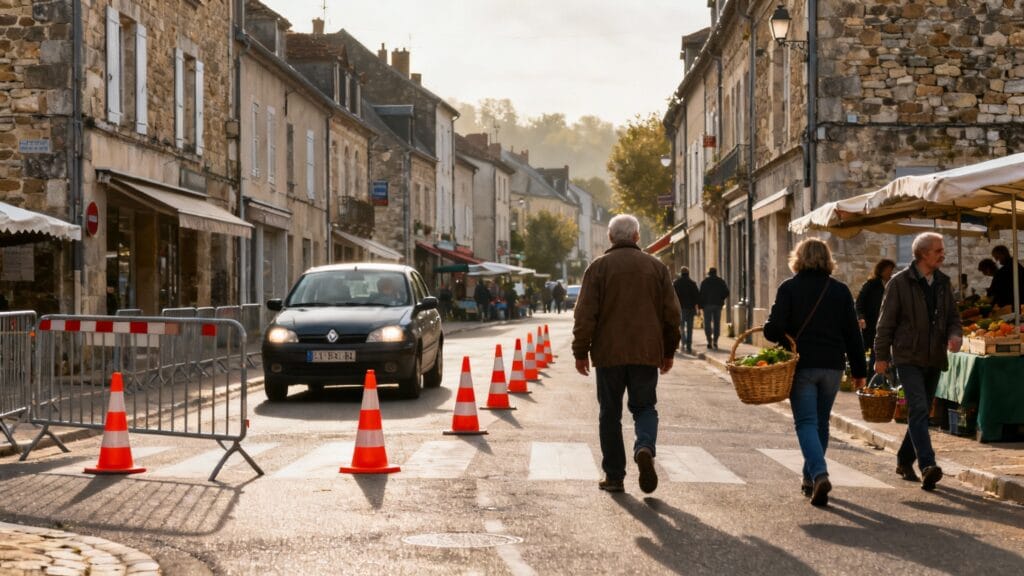 Circulation apaisée près d’une zone piétonne du marché