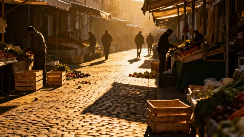 Allée du marché tôt le matin, affluence faible en semaine