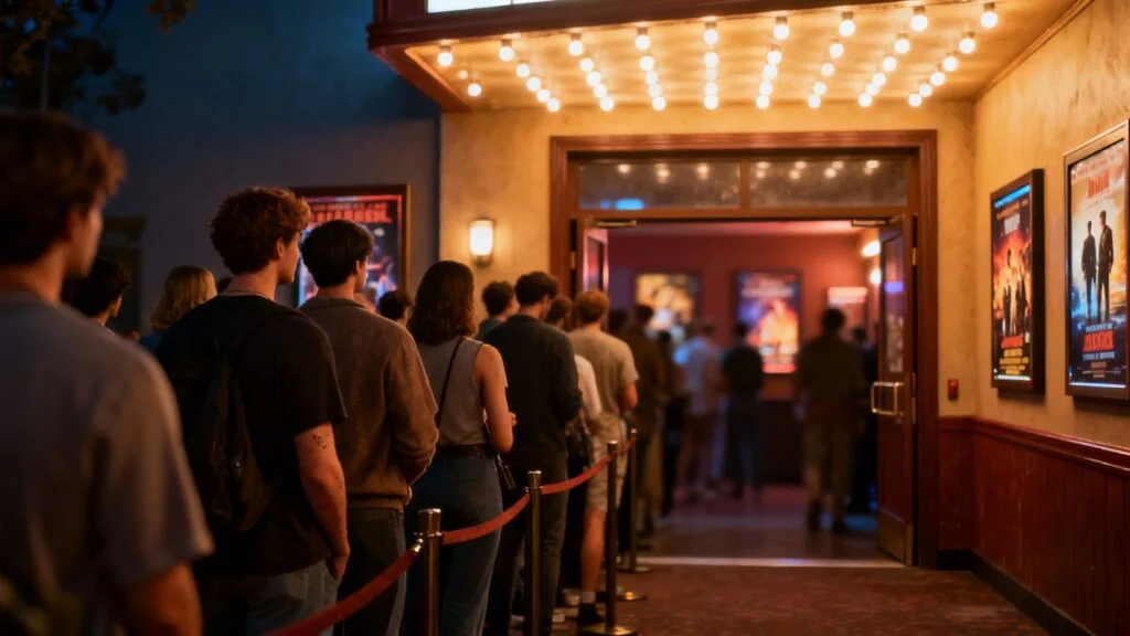 File d’attente devant un petit cinéma le soir