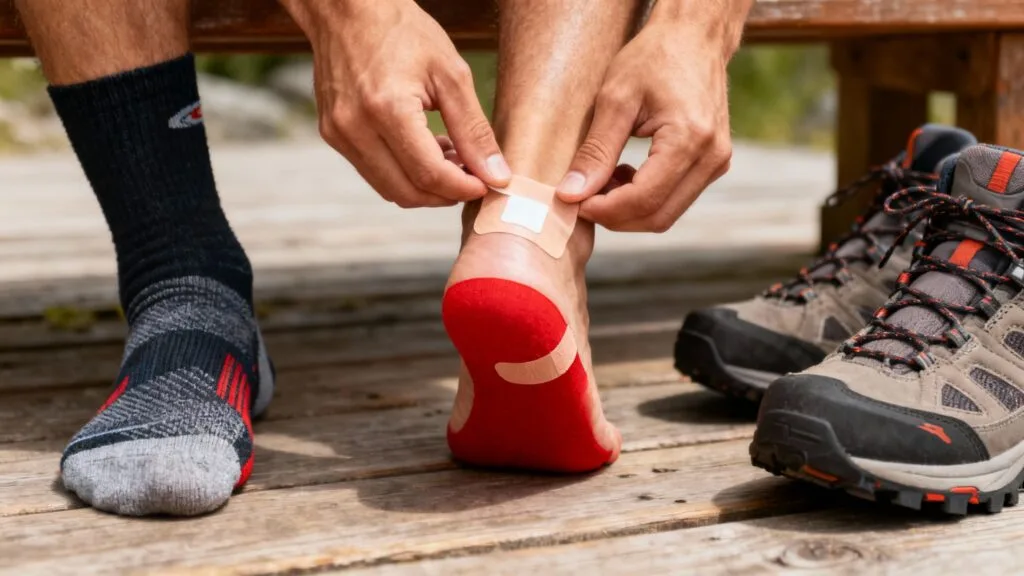Pose d’un pansement anti-ampoules sur un talon irrité