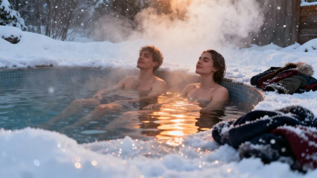 Bain nordique fumant en extérieur sous la neige