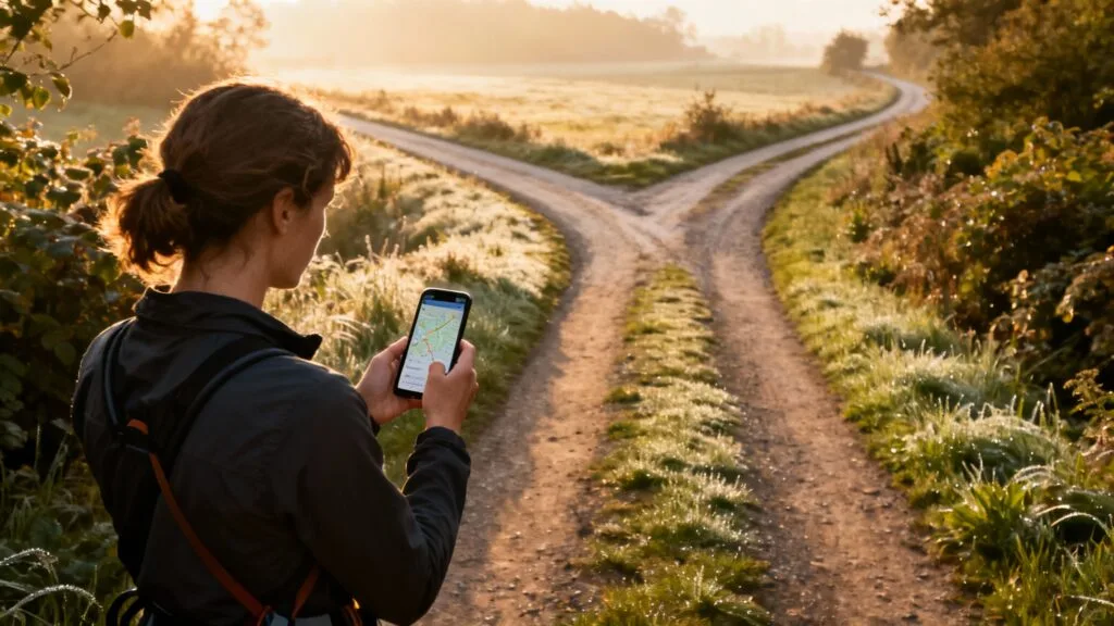 Randonneuse consultant une carte GPS à un croisement