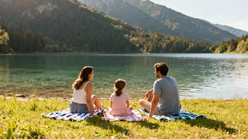 Baignade tranquille sur une berge herbeuse de lac