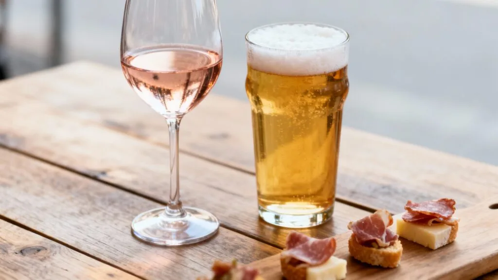 Verre de vin gris et bière artisanale lorrains avec amuse-bouches