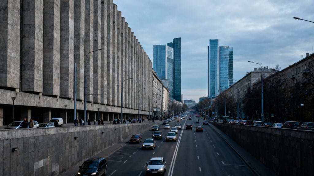 large boulevard et tours modernes d’une capitale d’Europe de l’Est