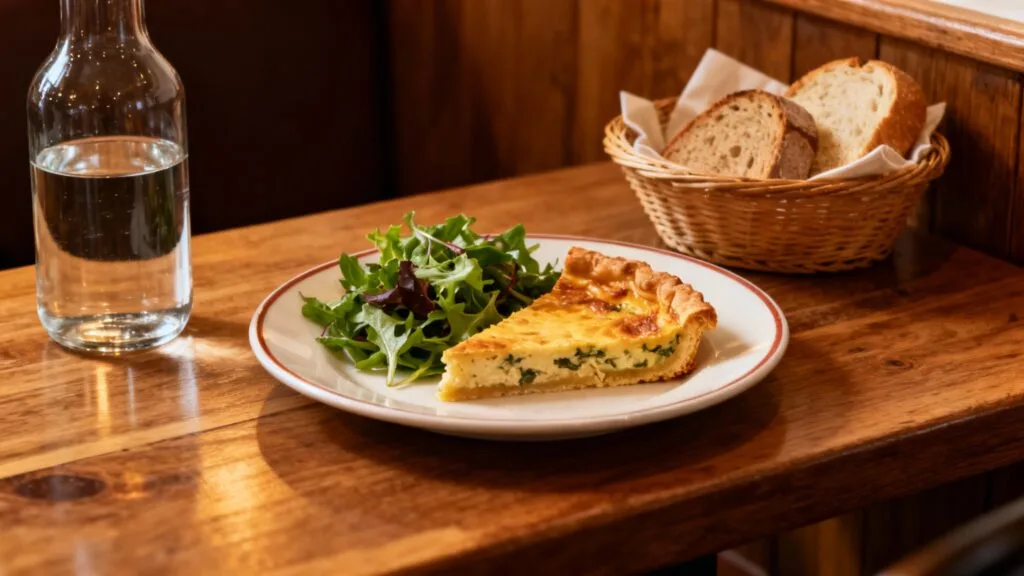 Table de brasserie nancéienne avec quiche lorraine et salade