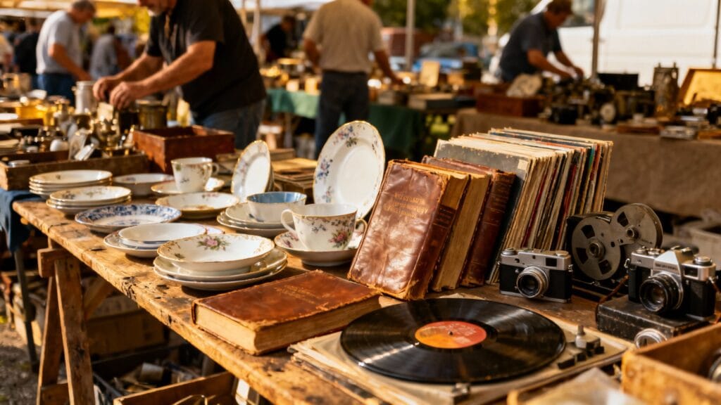 Brocante des puces d’Aligre avec vinyles et vaisselle