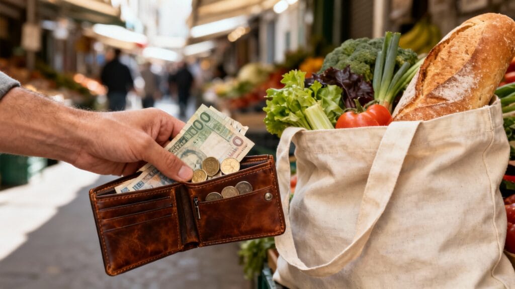 Portefeuille et cabas de produits frais sur une allée de marché