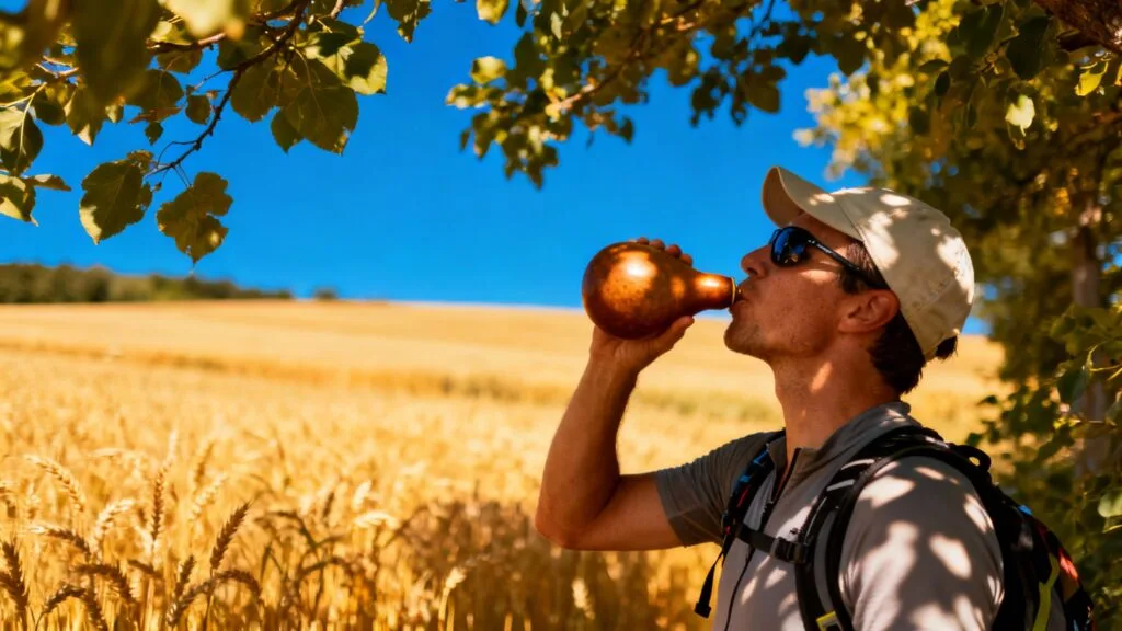 Marcheur à l’ombre s’hydratant en plein soleil