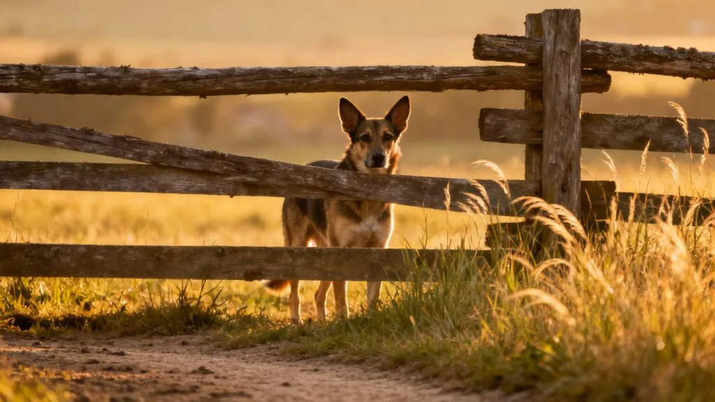 Chien derrière clôture observant un marcheur au loin