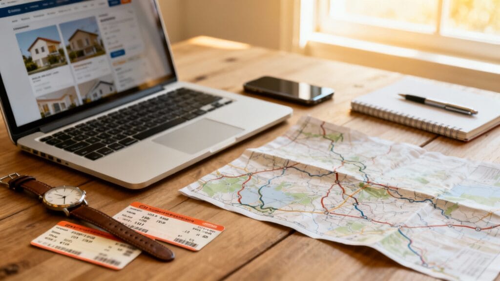 Ordinateur et carte pour comparer trajets et loyers frontaliers