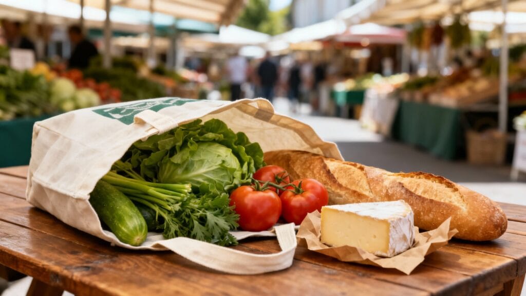 Tote bag rempli de produits frais du marché d’Aligre