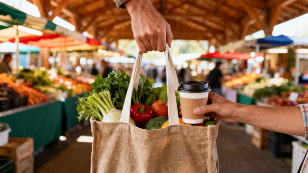 Panier de marché et café sous une halle animée