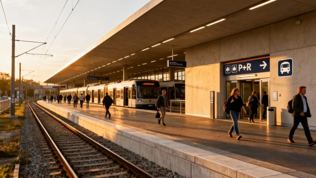 Correspondances car interurbain, métro et tram à un hub