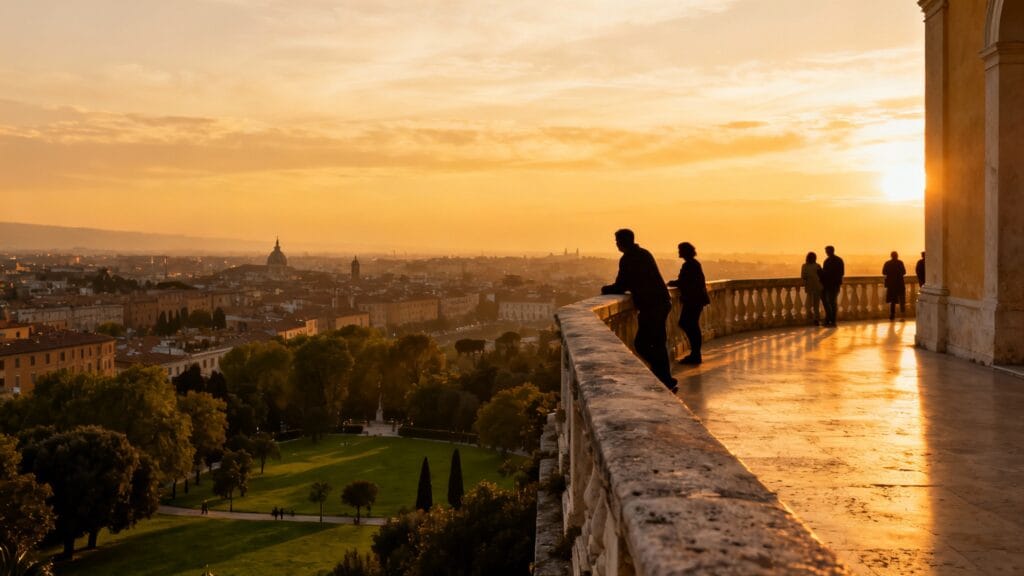 Terrasse panoramique au soleil couchant sur la ville