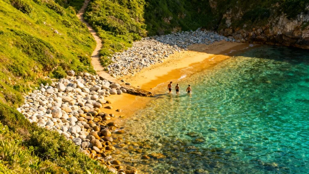 Crique isolée à l’eau cristalline et accès par sentier près de Lisbonne