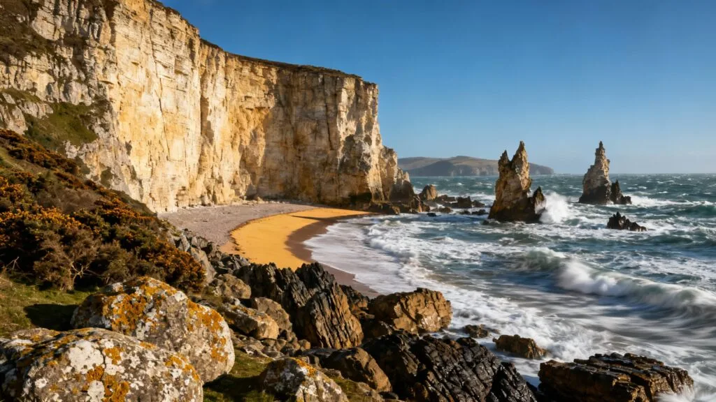 Crique isolée avec aiguilles rocheuses et houle atlantique