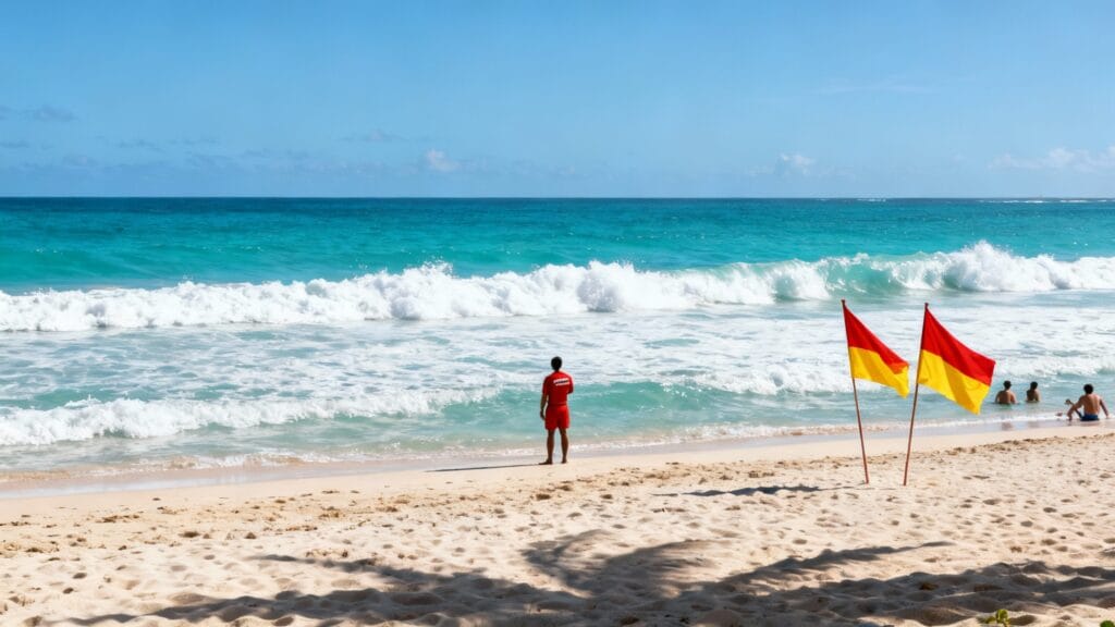 Dangers mer Bali : drapeaux de baignade et sauveteur
