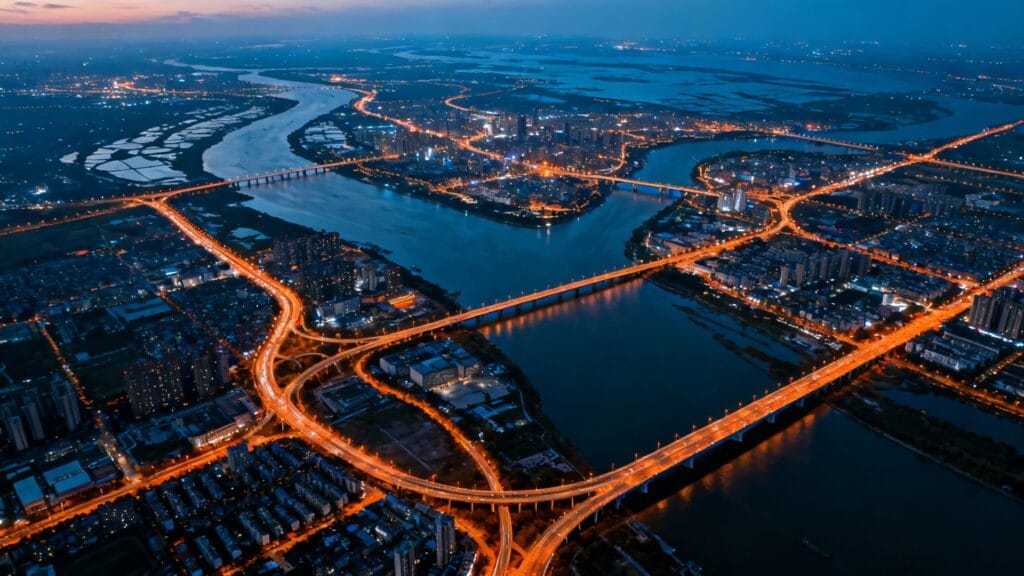 delta urbain nocturne avec ponts et réseaux routiers lumineux