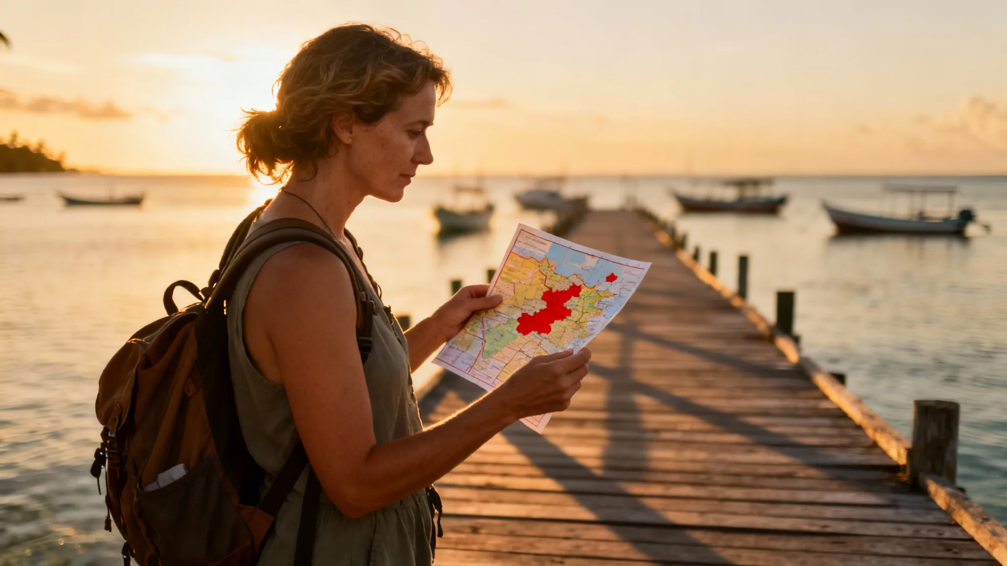 Voyageuse évaluant les endroits à éviter en Thaïlande au coucher du soleil