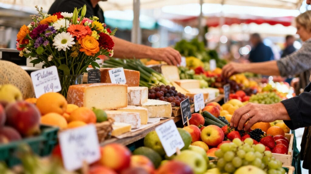 Produits frais et locaux sur des étals de marché animé
