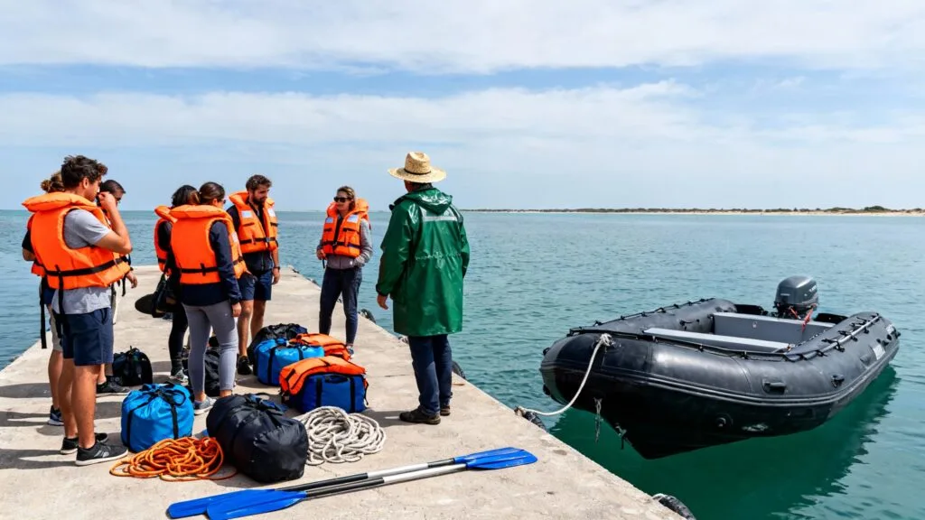Groupe prêt à embarquer avec équipement de sécurité