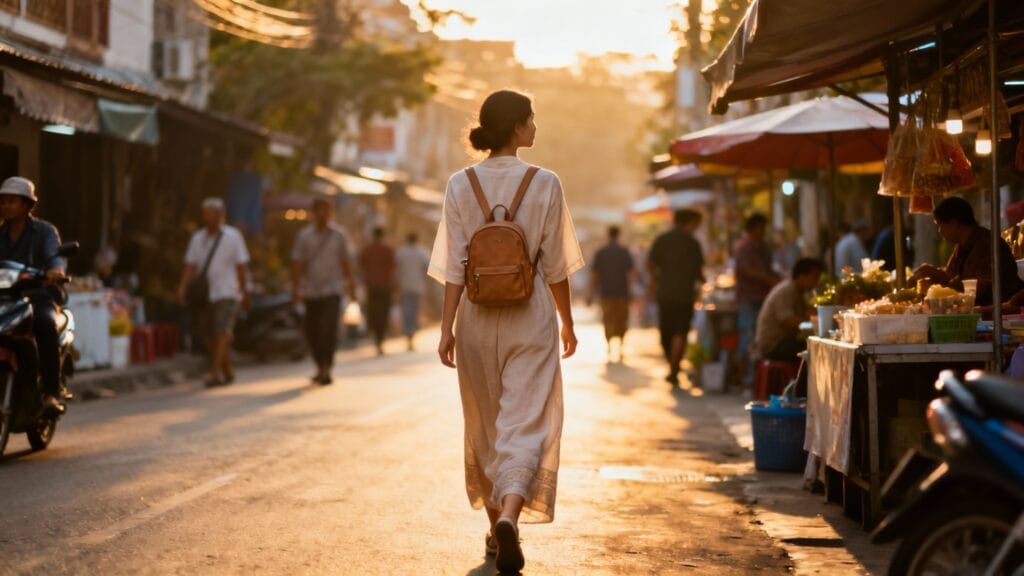Femme seule Laos sécurité, marche en journée