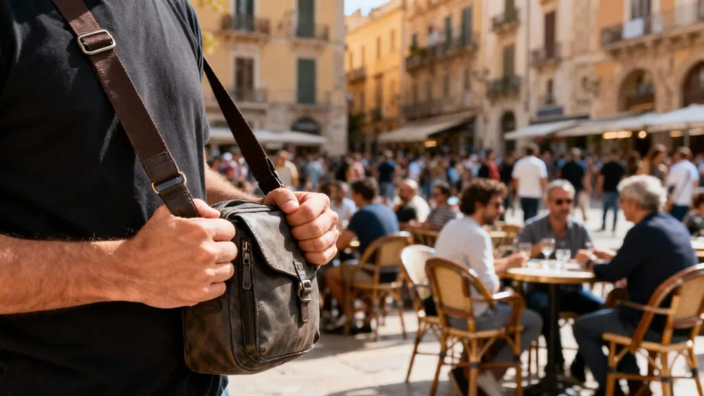 Foule animée et sac porté devant pour sécurité