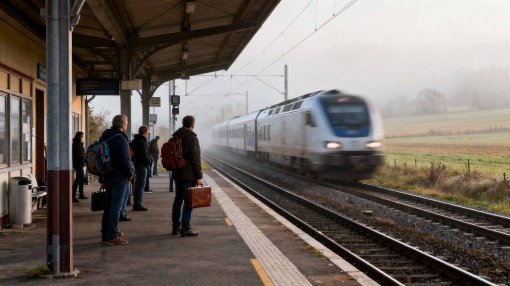Commuters sur un quai TER en Lorraine frontalière vers le Luxembourg