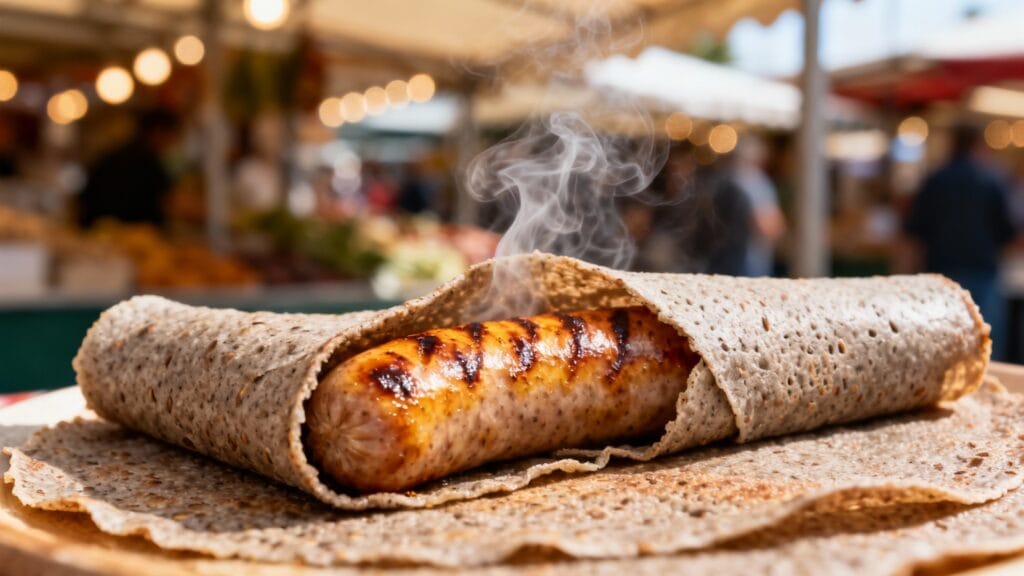 Galette-saucisse fumante dégustée sur un marché animé