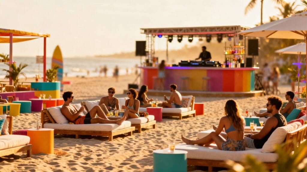 grand beach club animé, transats et musique légère