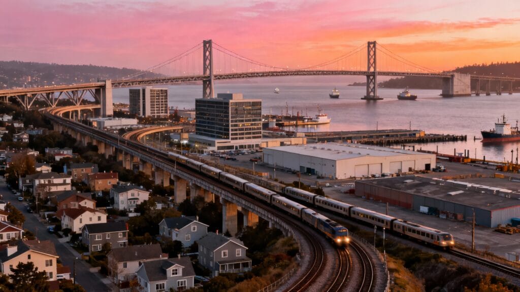 conurbation portuaire reliant zones industrielles et quartiers urbains