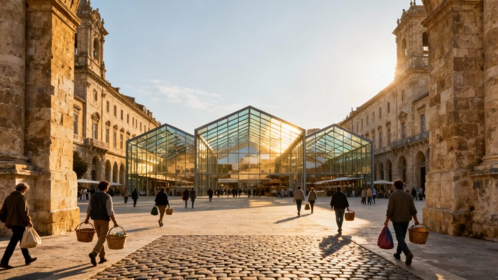 Place de centre-ville avec halles de marché et passants