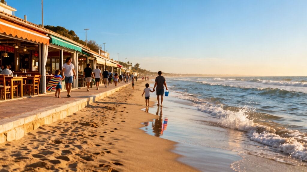 Plage familiale avec promenade et vagues modérées près de Lisbonne