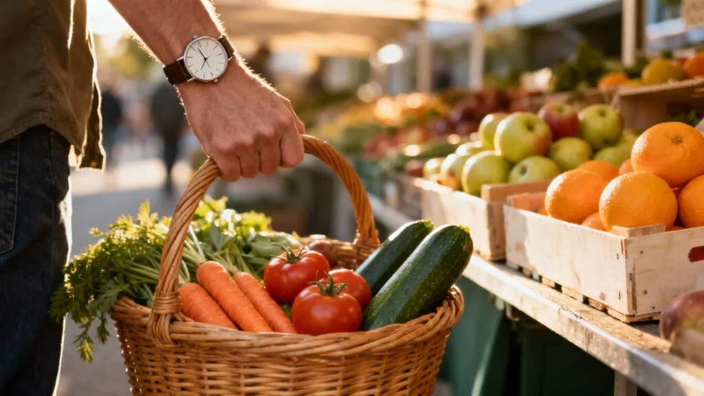 Horaires du marché le matin avec montre et panier rempli