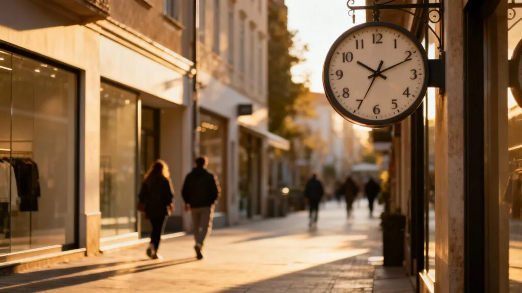 Horloge extérieure et boutiques, ambiance heures creuses