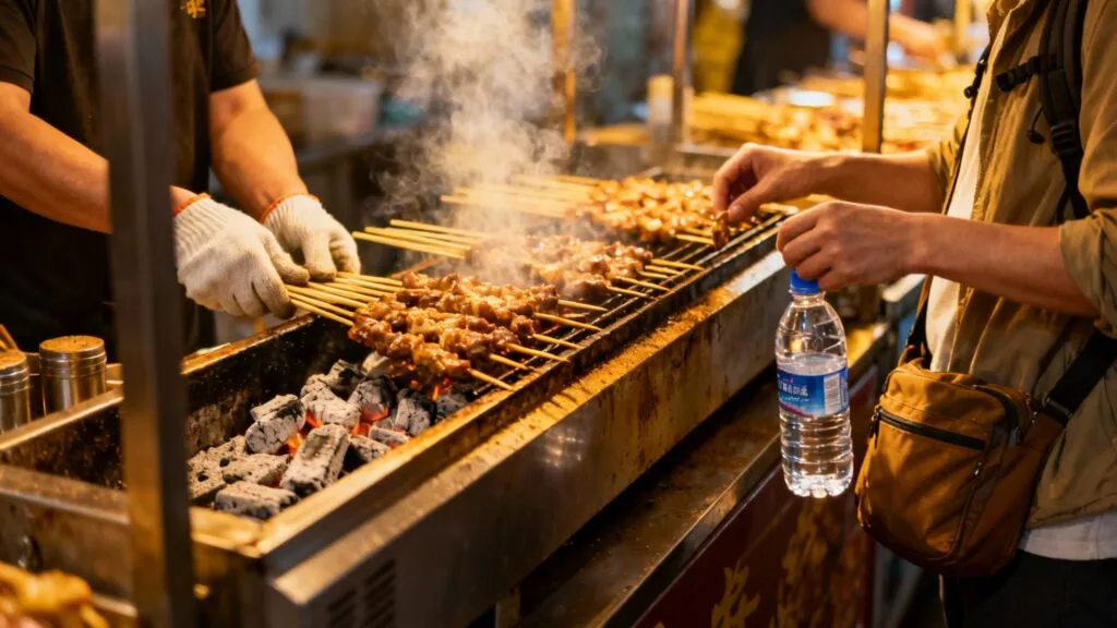 Bouteille scellée et stand de street food propre