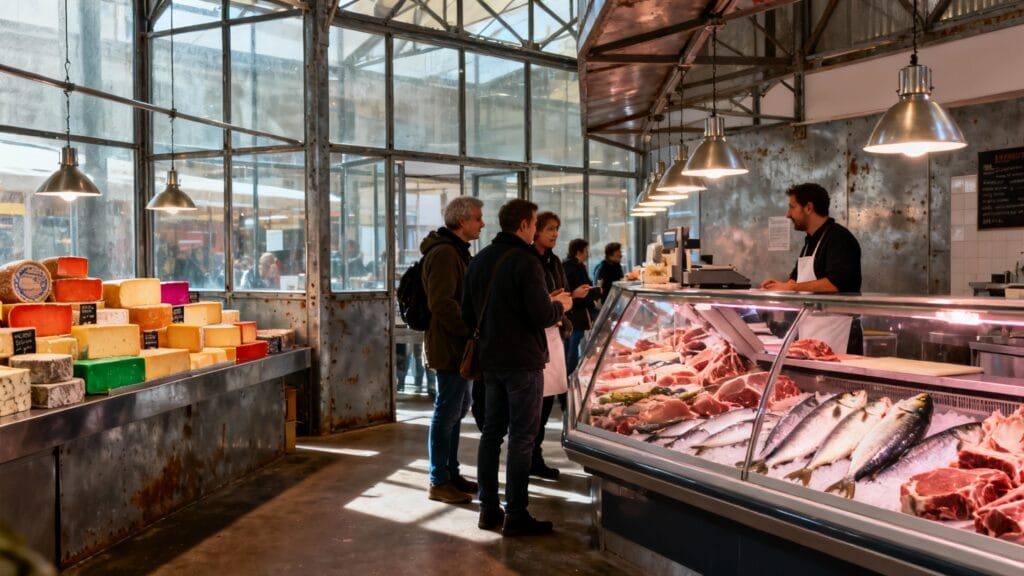 Halle couverte de marché avec étals de produits frais variés