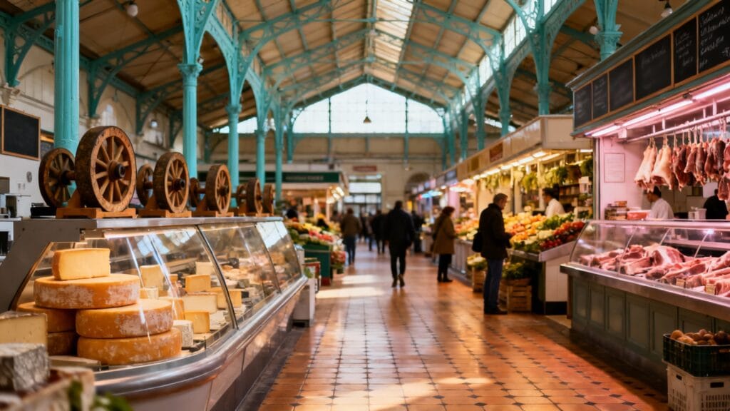 Intérieur du marché couvert Beauvau et étals gourmands