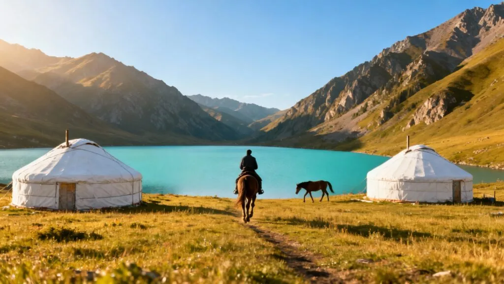 Yourtes près d’un lac alpin, chevaux — culture nomade