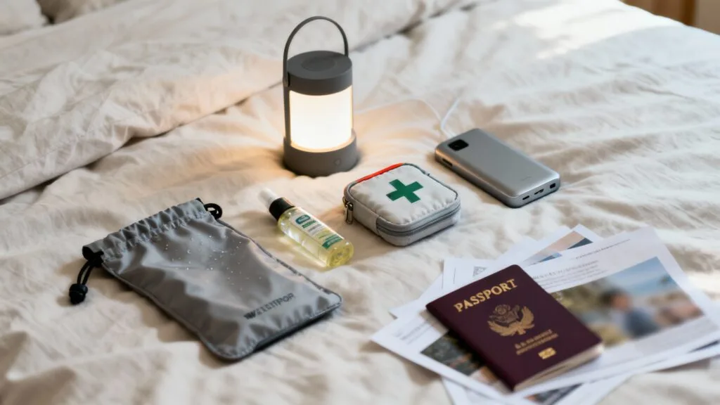 Kit sécurité : répulsif, trousse premiers secours, papiers protégés